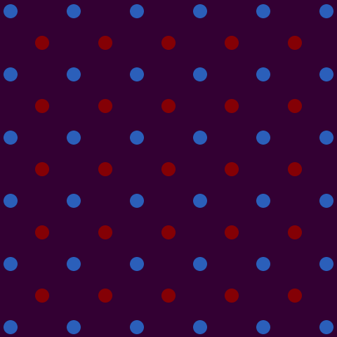 alternating red and blue polka dots over a solid purple background-color