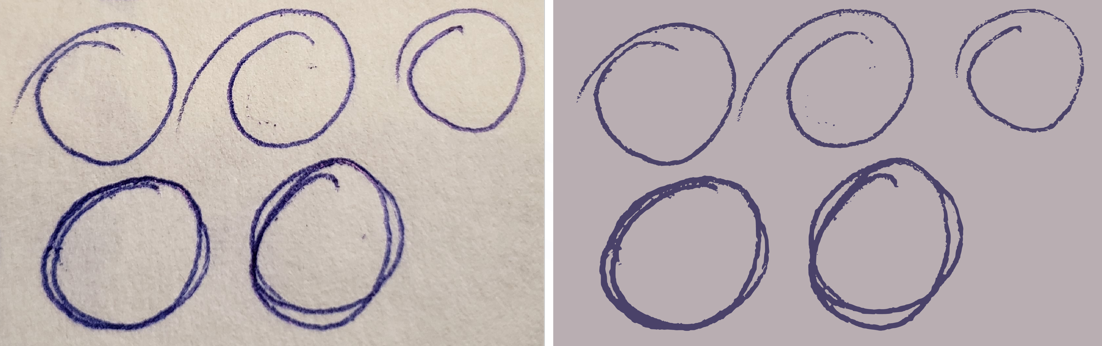 A side by side comparison of a photo and its vectorized results showing a few circle doodle