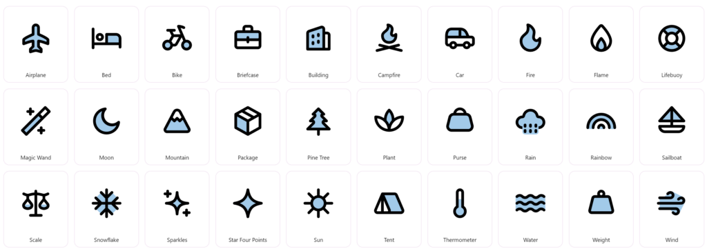 30 duo-tone icons covering travel and weather topics