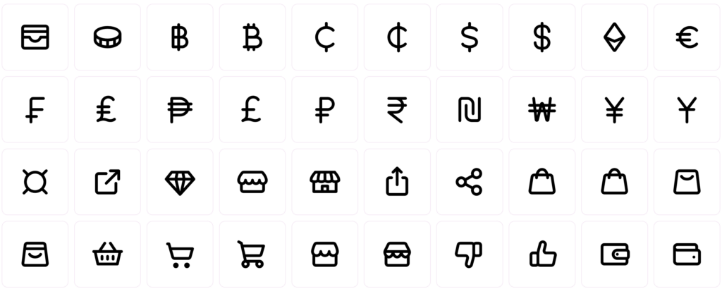 a mix of 20 currency, shopping, and social icons in outline form